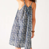 Women's Navy Floral Lightweight Knee Length Patio Drawstring Light and Breezy Dress Rear View