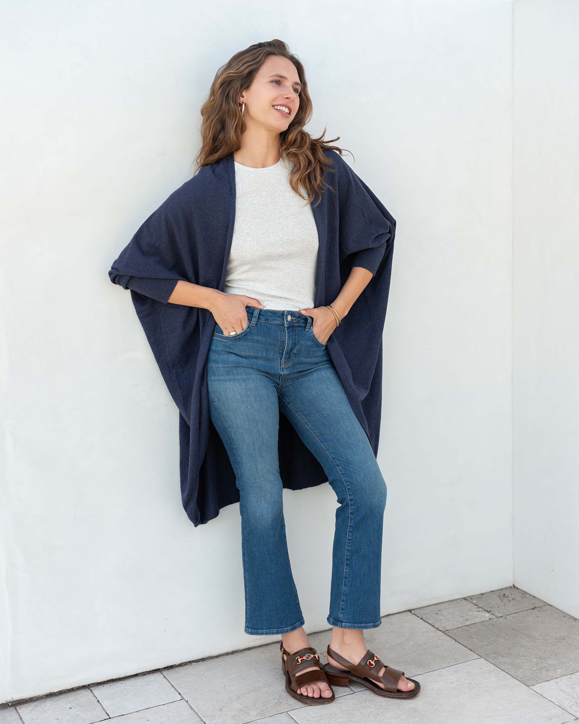 Women's Navy Cashmere Chelsea Travel Kimono Chest View