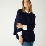 Women's Navy Cashmere Wool Blend Swingy Split Side Ribbed Collar Cuffs Hems Crewneck Pullover Sweater Front View 2