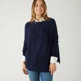 Women's Navy Cashmere Wool Blend Swingy Split Side Ribbed Collar Cuffs Hems Crewneck Pullover Sweater Front View