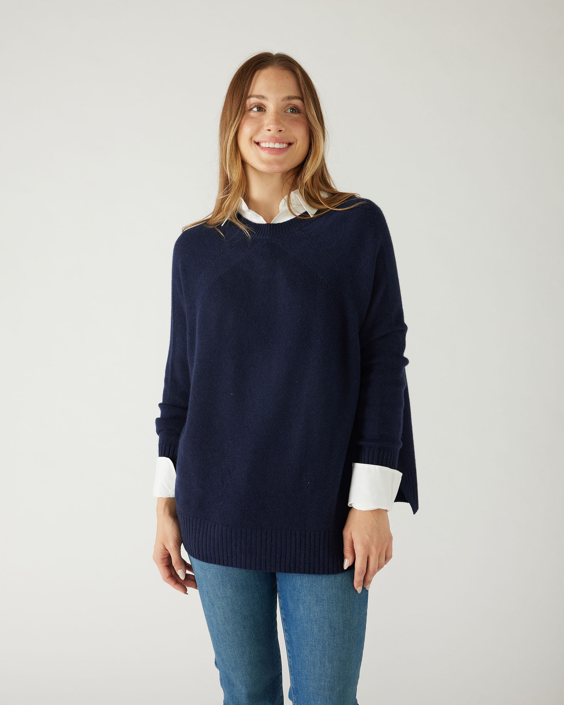 Women's Navy Cashmere Wool Blend Swingy Split Side Ribbed Collar Cuffs Hems Crewneck Pullover Sweater Front View