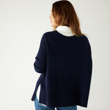 Women's Navy Cashmere Wool Blend Swingy Split Side Ribbed Collar Cuffs Hems Crewneck Pullover Sweater Rear View