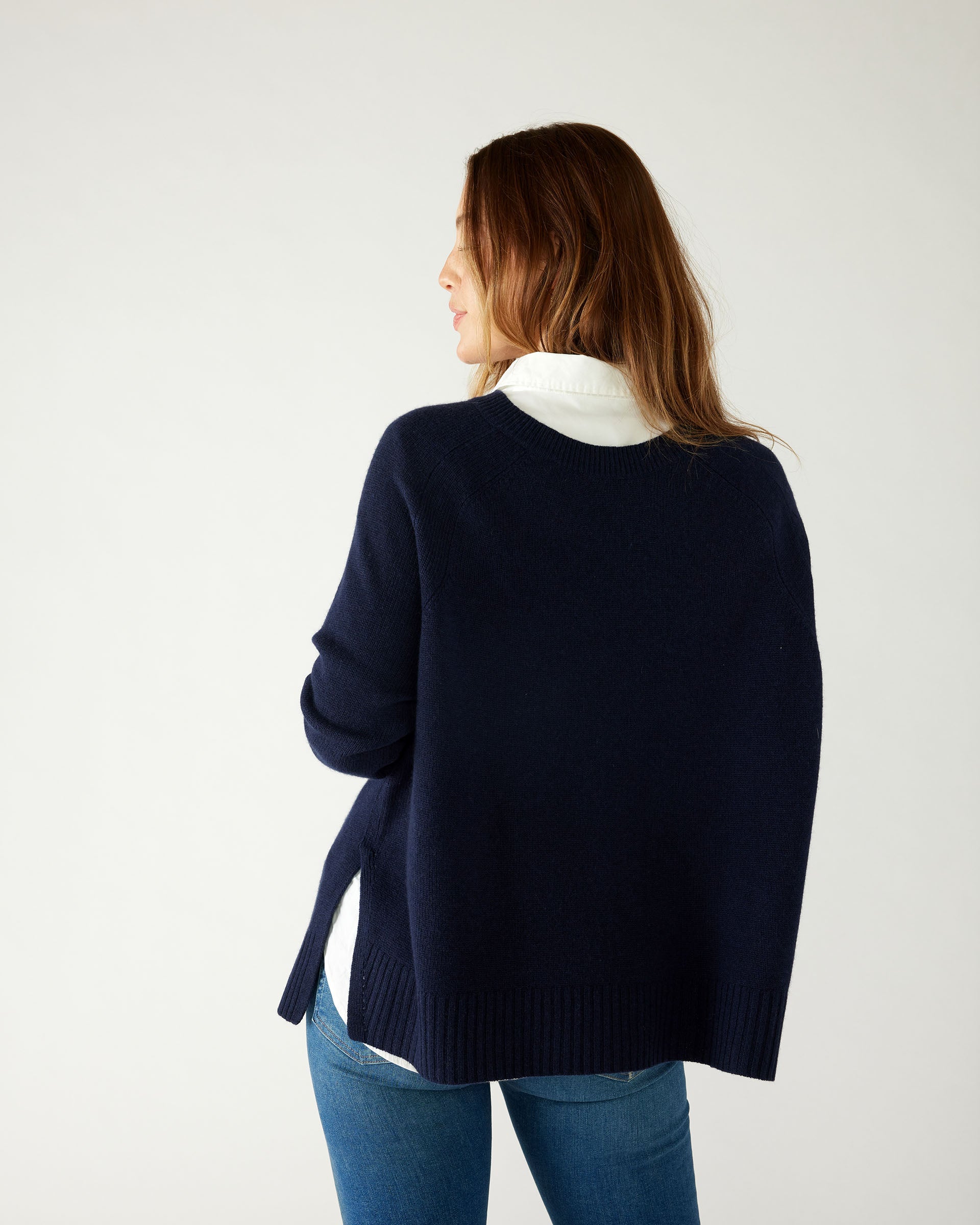 Women's Navy Cashmere Wool Blend Swingy Split Side Ribbed Collar Cuffs Hems Crewneck Pullover Sweater Rear View