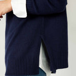 Women's Navy Cashmere Wool Blend Swingy Split Side Ribbed Collar Cuffs Hems Crewneck Pullover Sweater Side Slit Detail