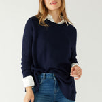 Women's Navy Cashmere Wool Blend Swingy Split Side Ribbed Collar Cuffs Hems Crewneck Pullover Sweater Tucked Front