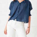 Women's Navy Collared Ruffle Blouse