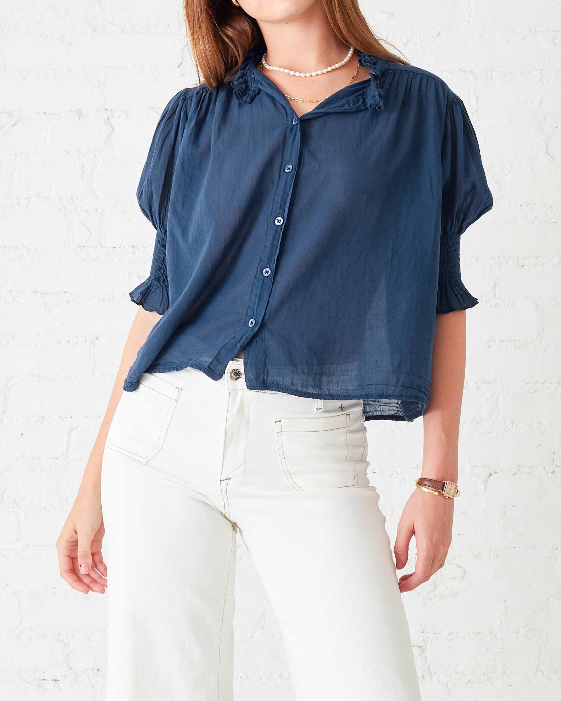 Women's Navy Collared Ruffle Blouse