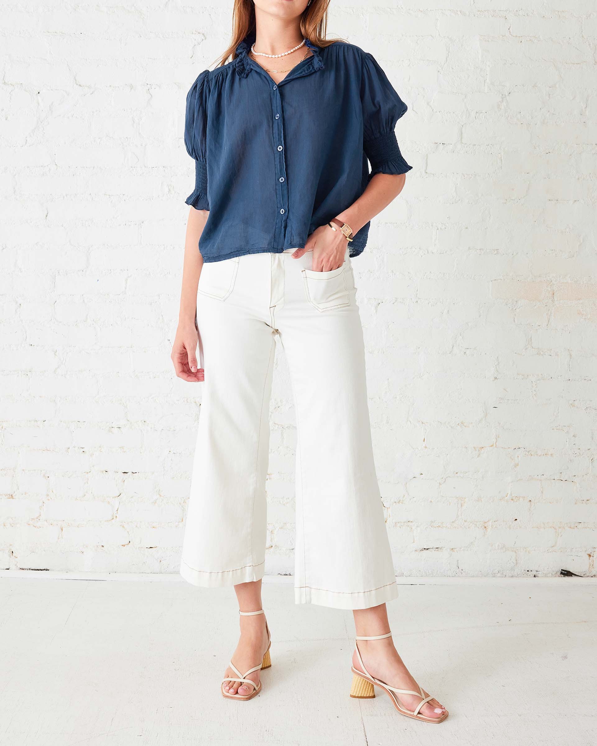 Women's Navy Collared Ruffle Blouse