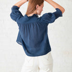 Women's Navy Collared Ruffle Blouse