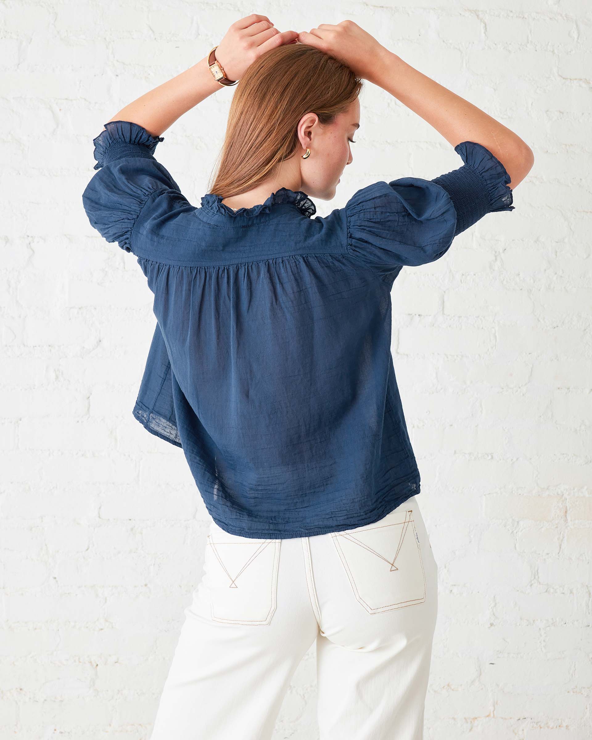 Women's Navy Collared Ruffle Blouse