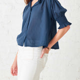 Women's Navy Collared Ruffle Blouse