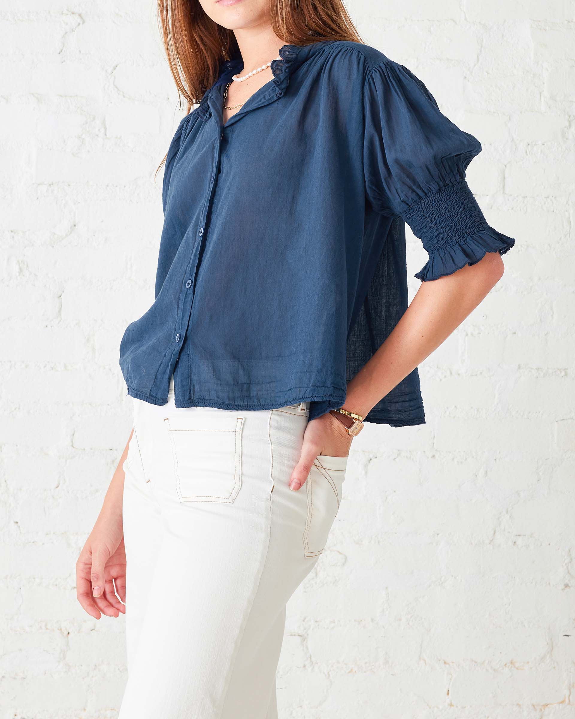 Women's Navy Collared Ruffle Blouse