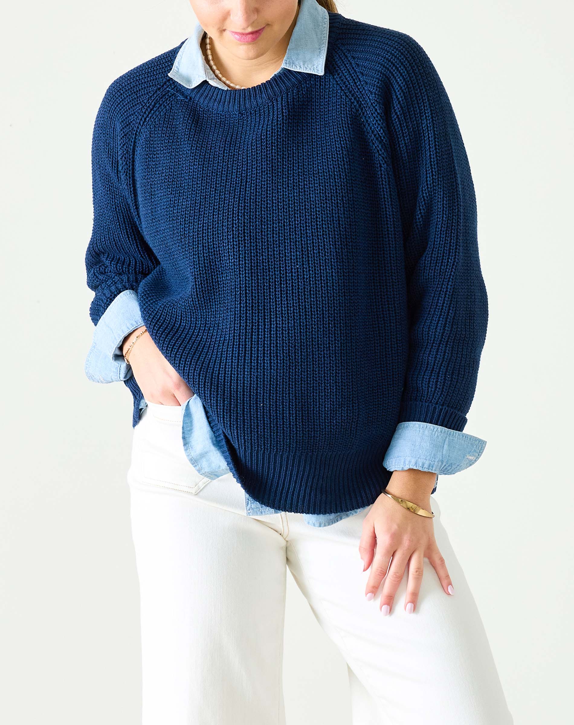 Women's Navy Cotton Crewneck Pullover