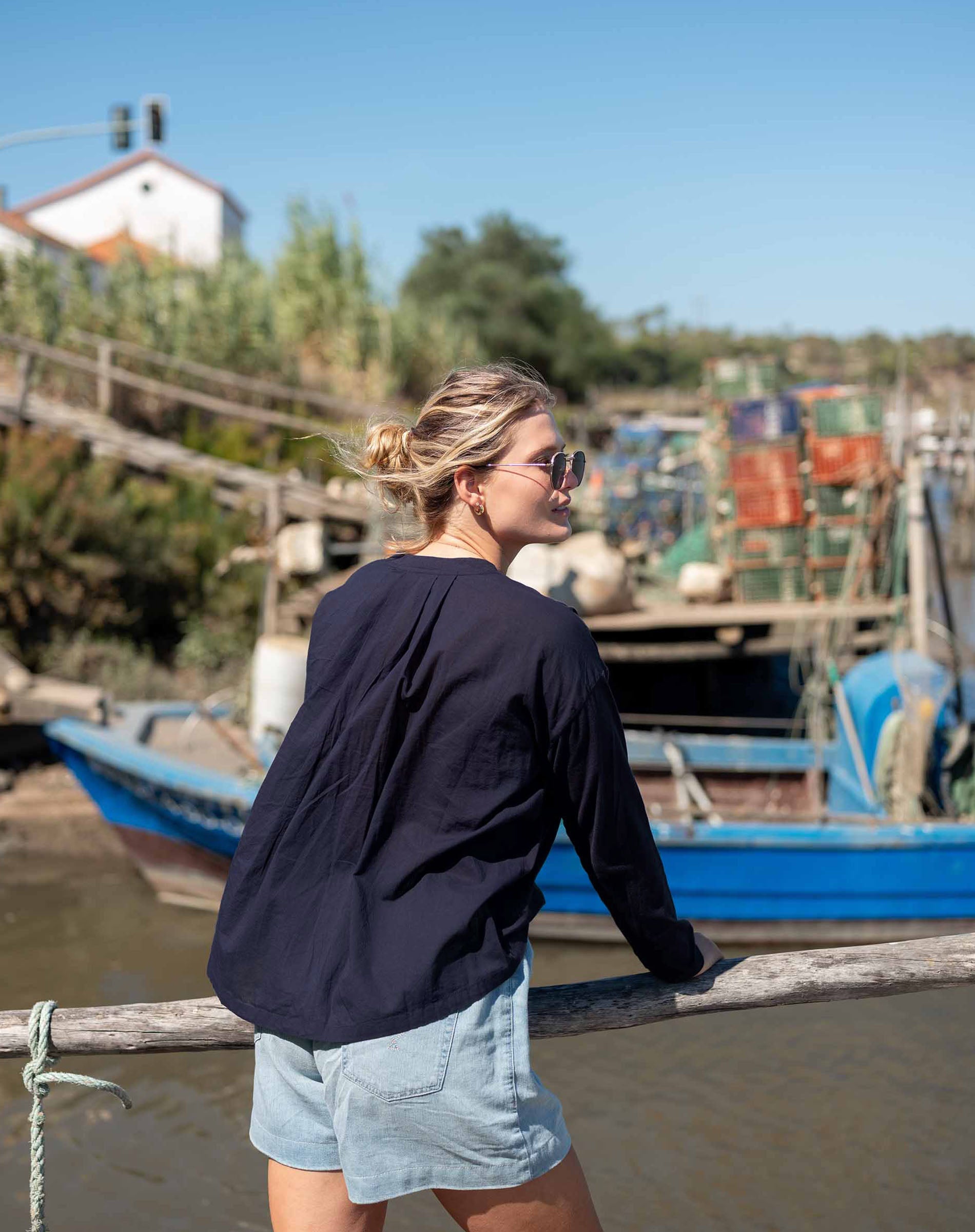 Women's Navy Crewneck Boat Tee