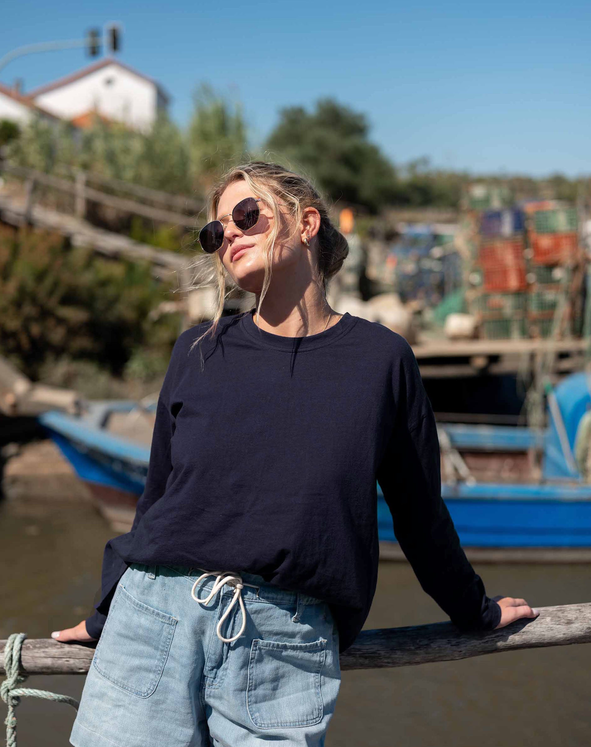 Women's Navy Crewneck Boat Tee