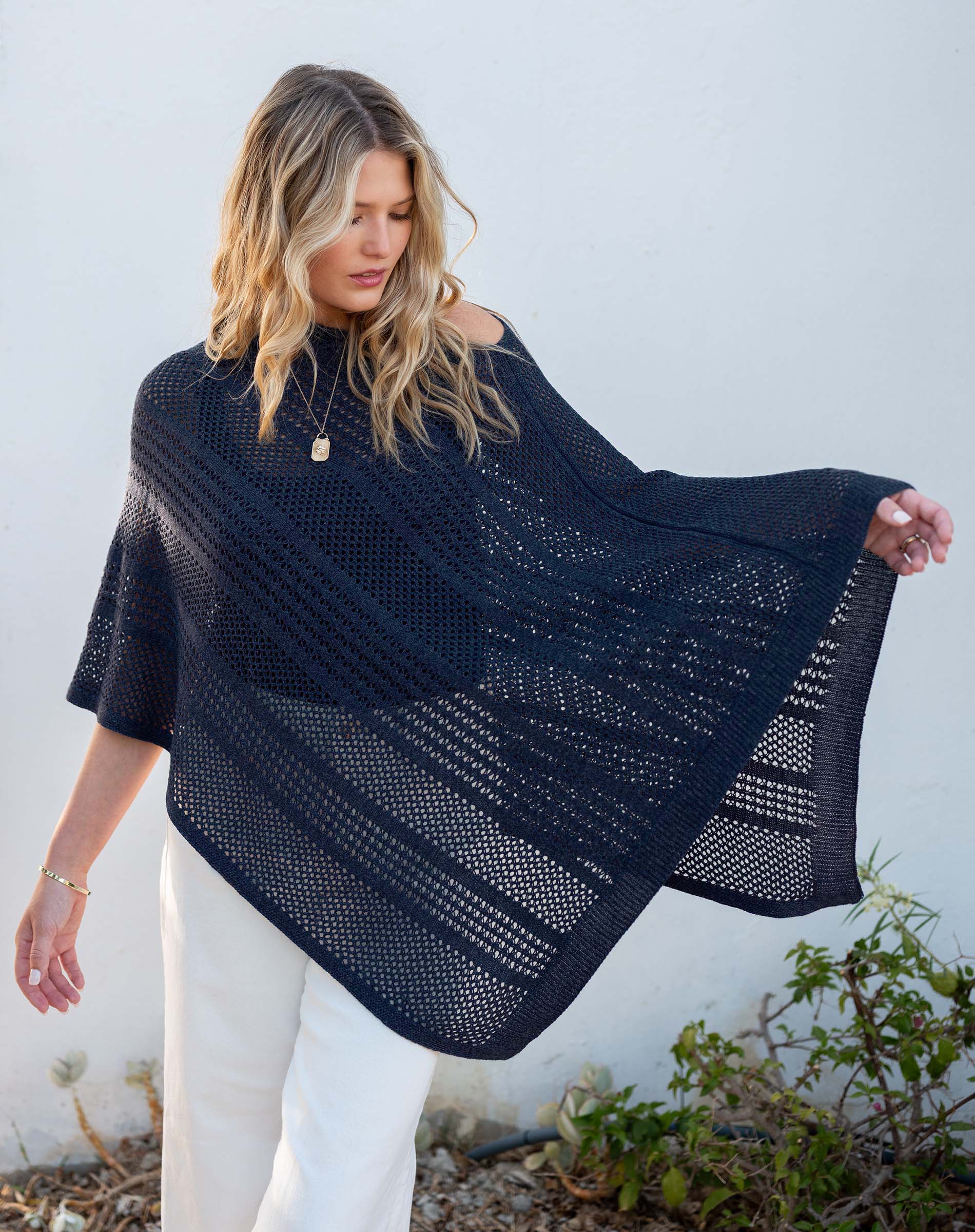 Women's Navy Crochet Poncho Perfect For Layering