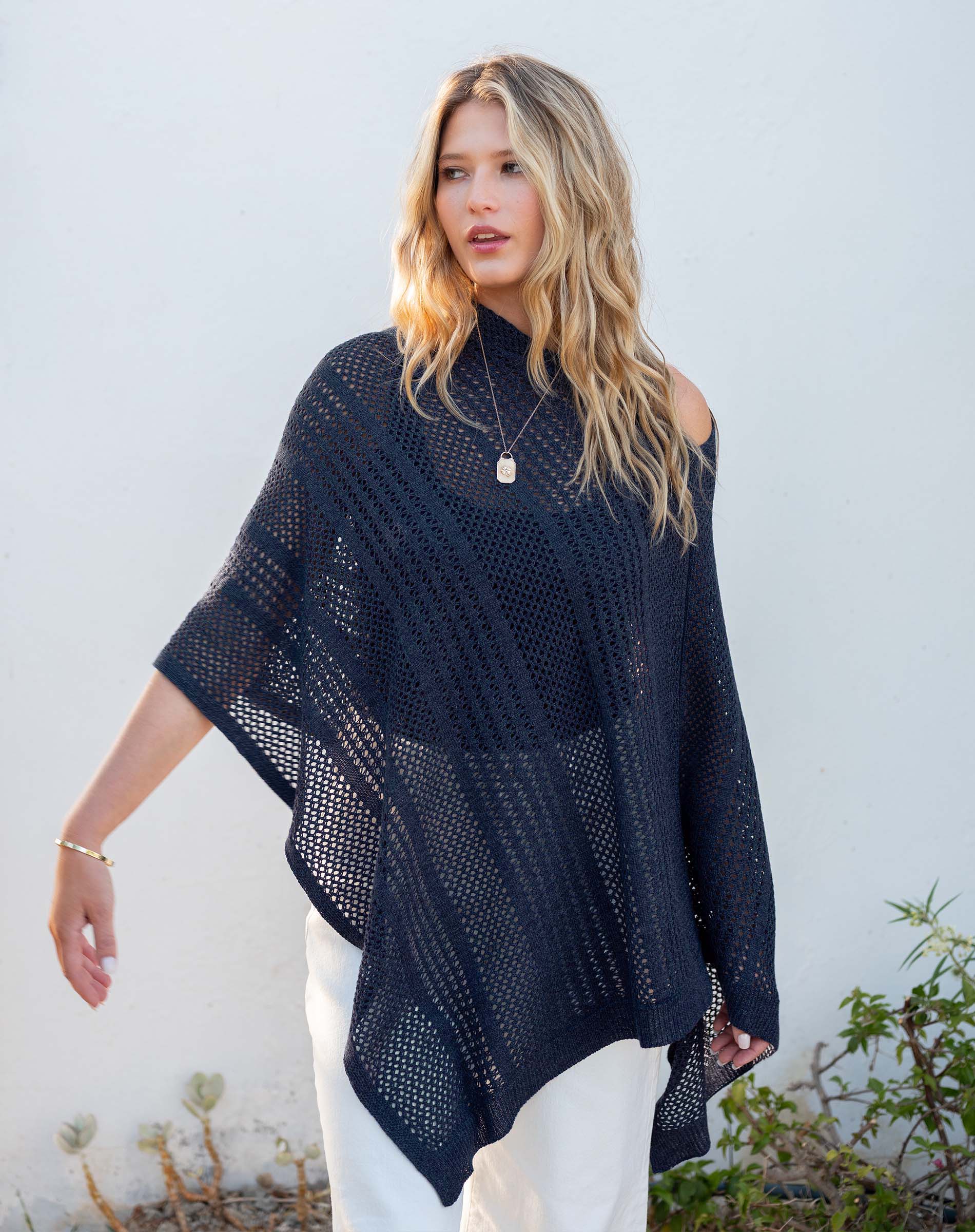 Women's Navy Crochet Poncho Perfect For Layering