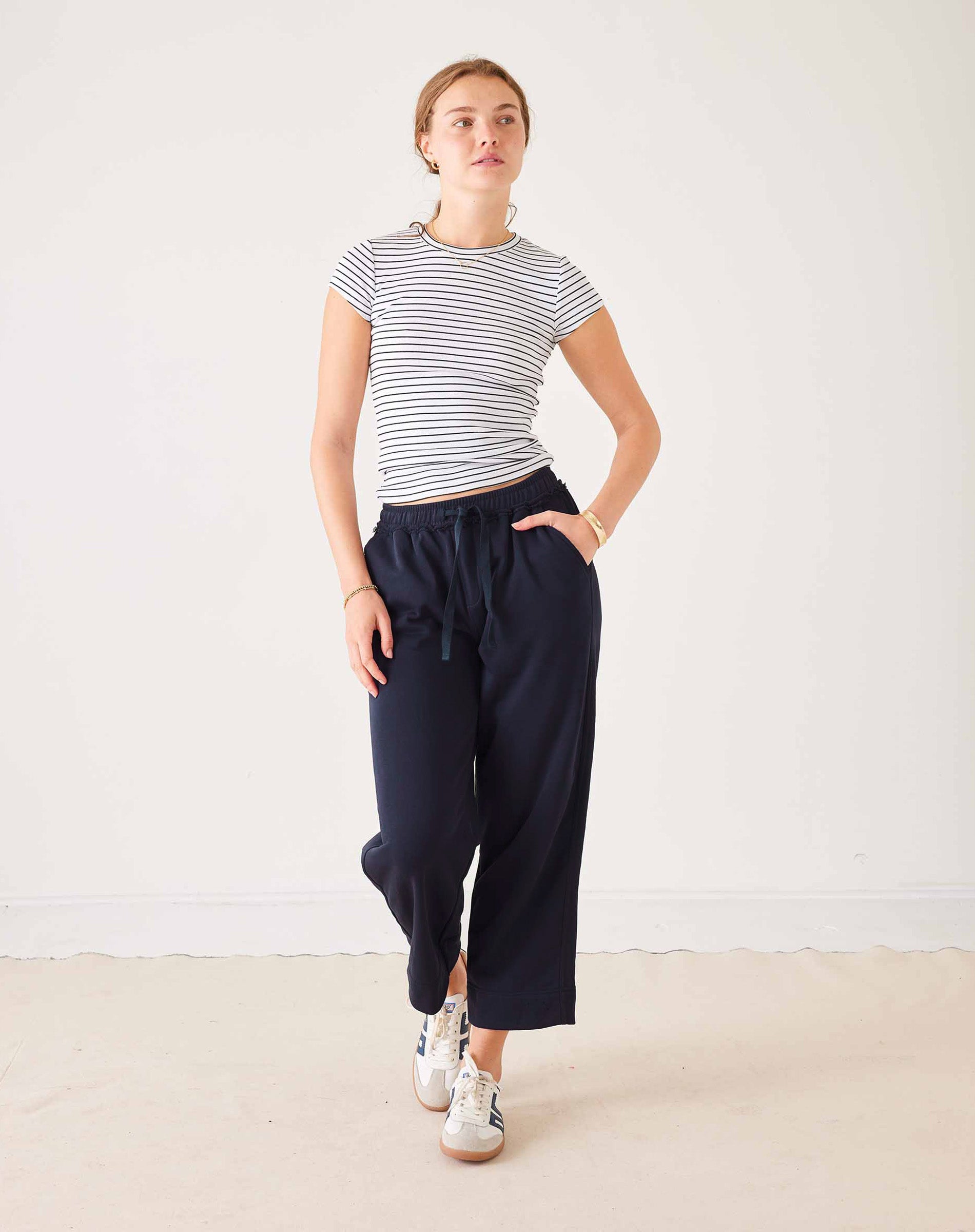 Women's Navy French Terry Wide Leg Pant