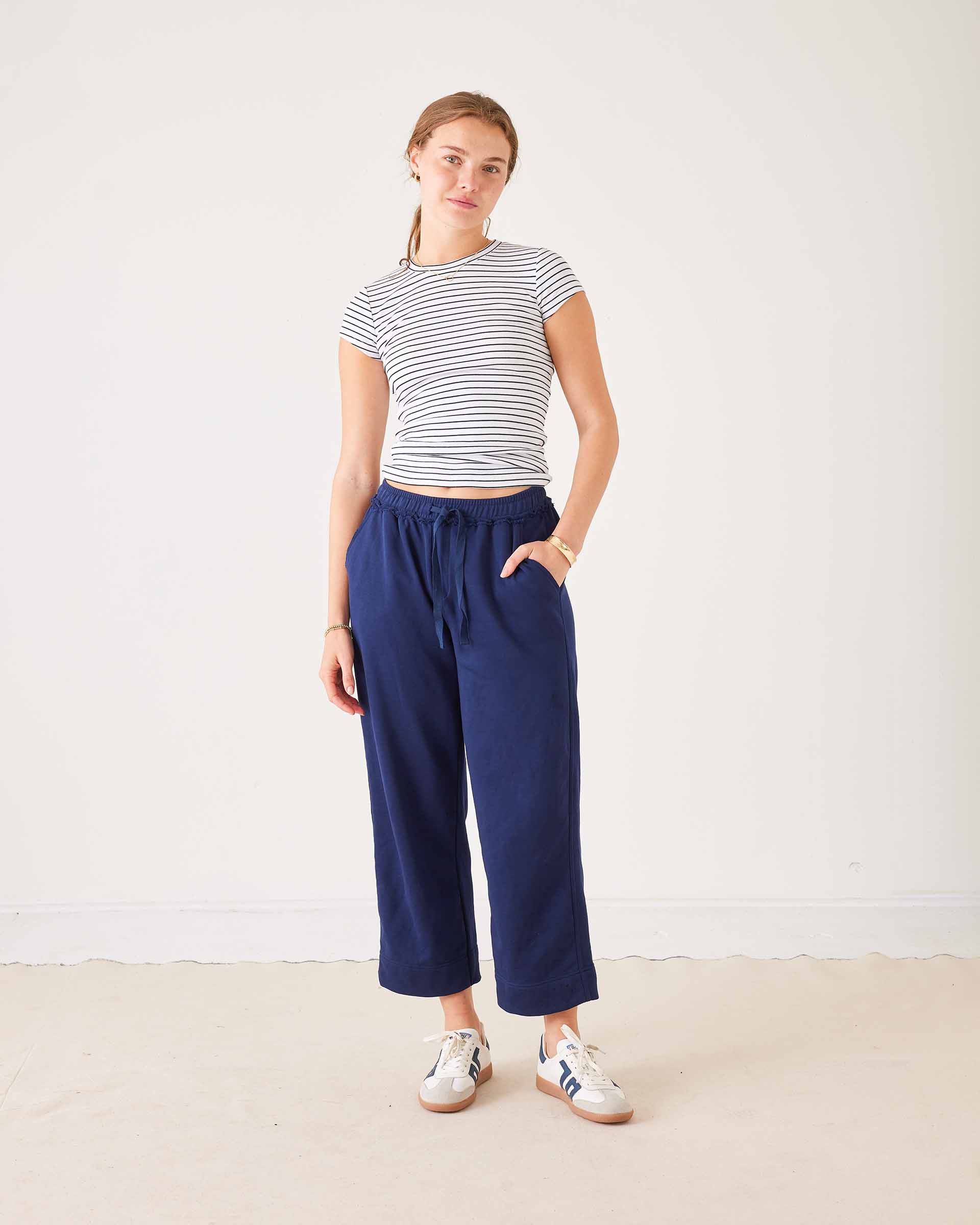 Women's Navy Terry Wide Leg Sweatpant