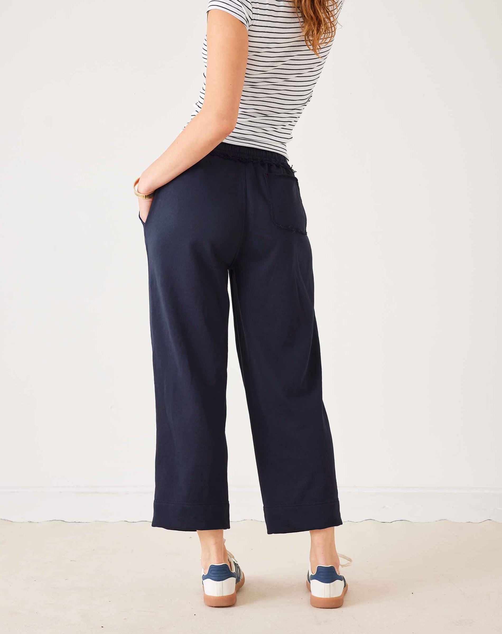 Women's Navy French Terry Wide Leg Pant