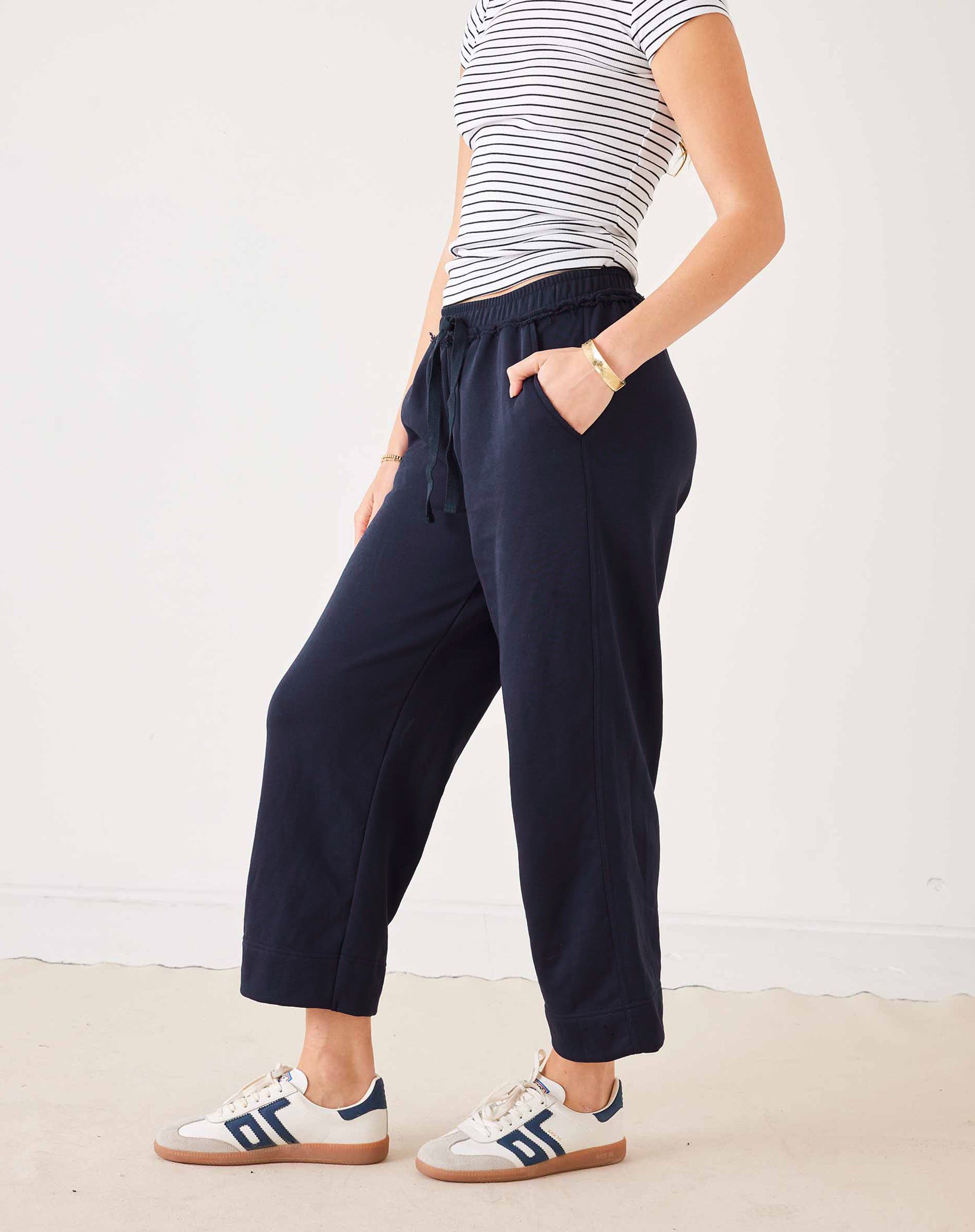 Women's Navy French Terry Wide Leg Pant