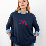 Women's Navy One Sized Sweater With Striped Hearts On Elbow and LOVE Motto on Chest