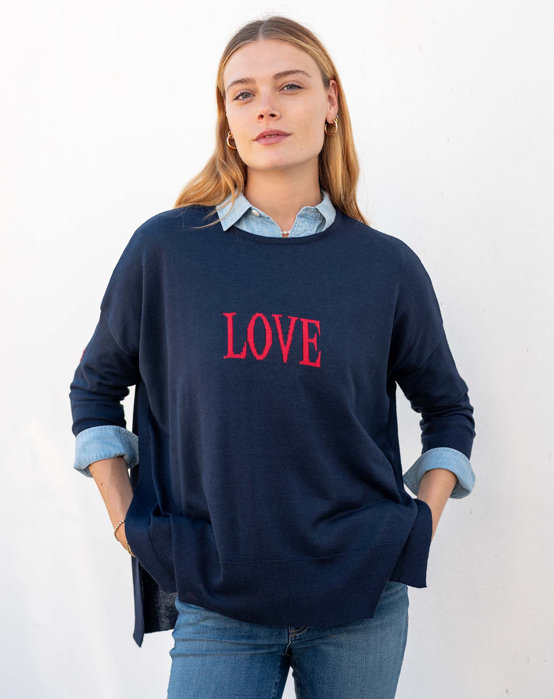 Women's Navy One Sized Sweater With Striped Hearts On Elbow and LOVE Motto on Chest