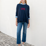 Women's Navy One Sized Sweater With Striped Hearts On Elbow and LOVE Motto on Chest