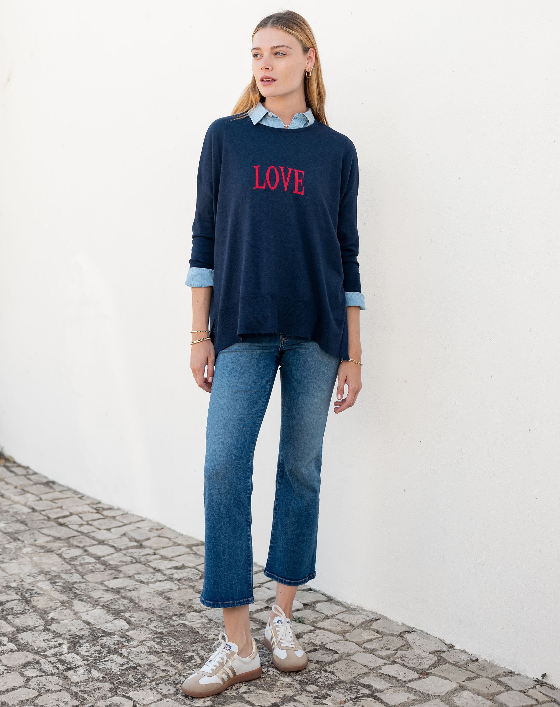 Women's Navy One Sized Sweater With Striped Hearts On Elbow and LOVE Motto on Chest