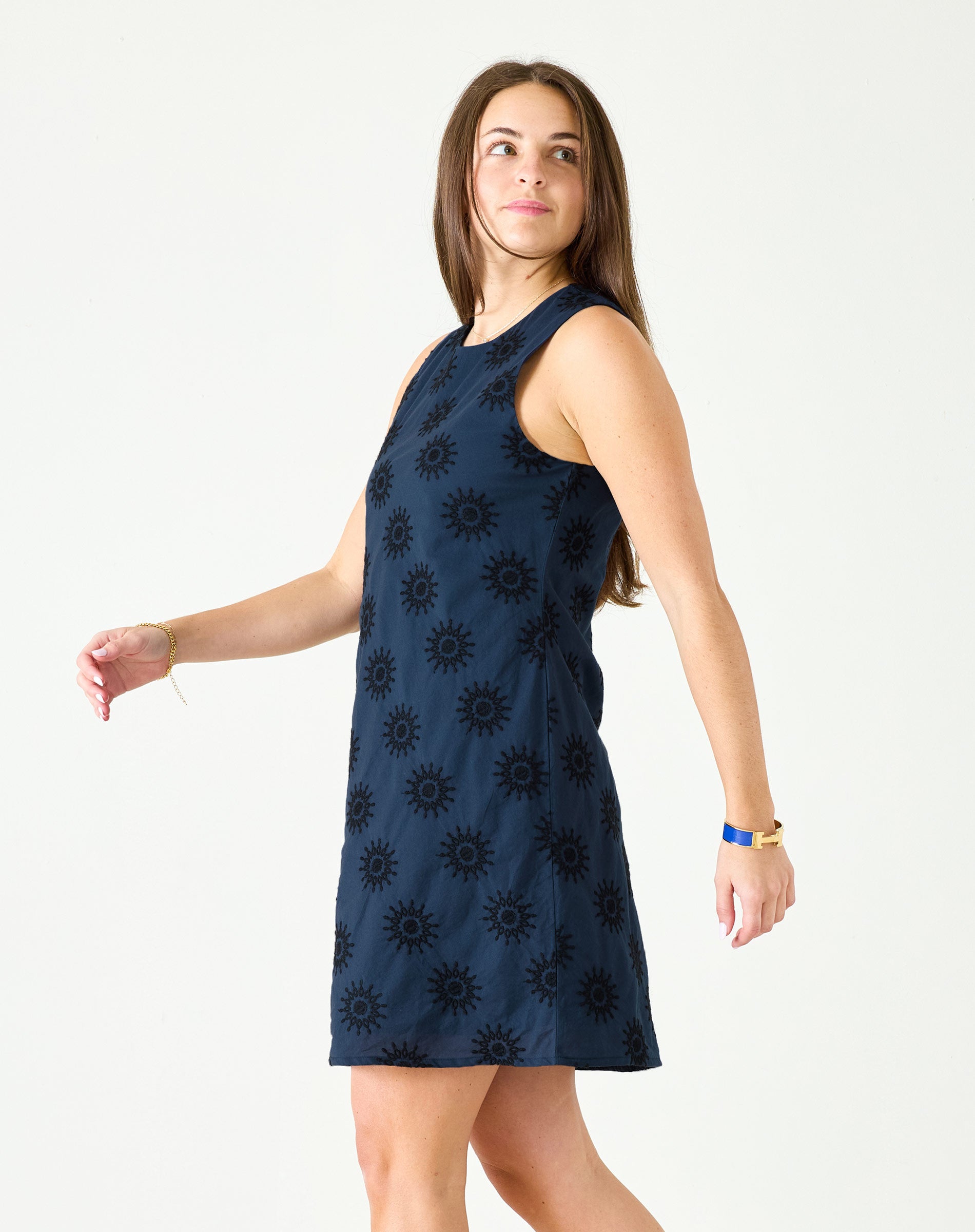 Women's Navy Sleeveless Mini Eyelet Dress