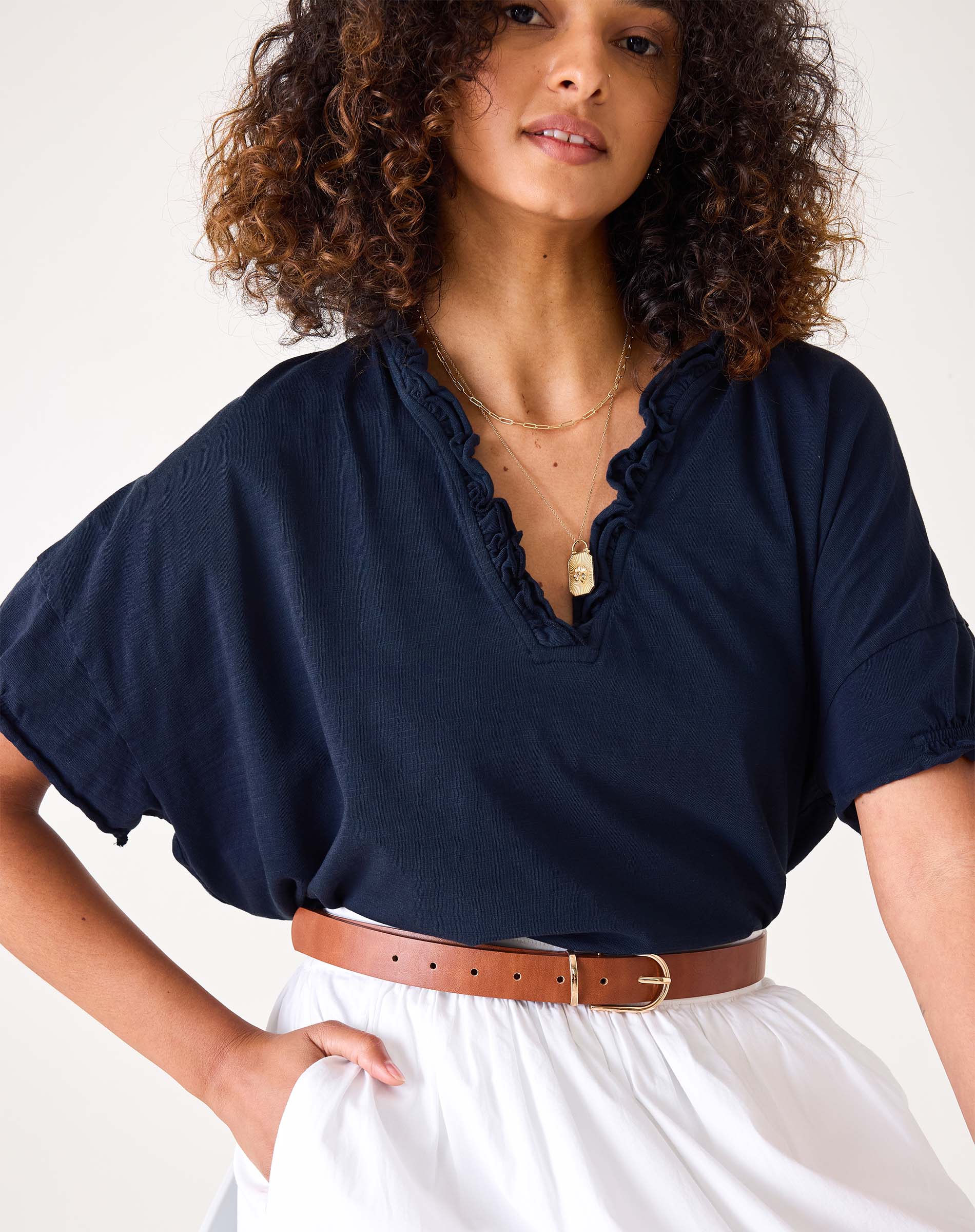 Women's Navy Oversized Ruffle Tee