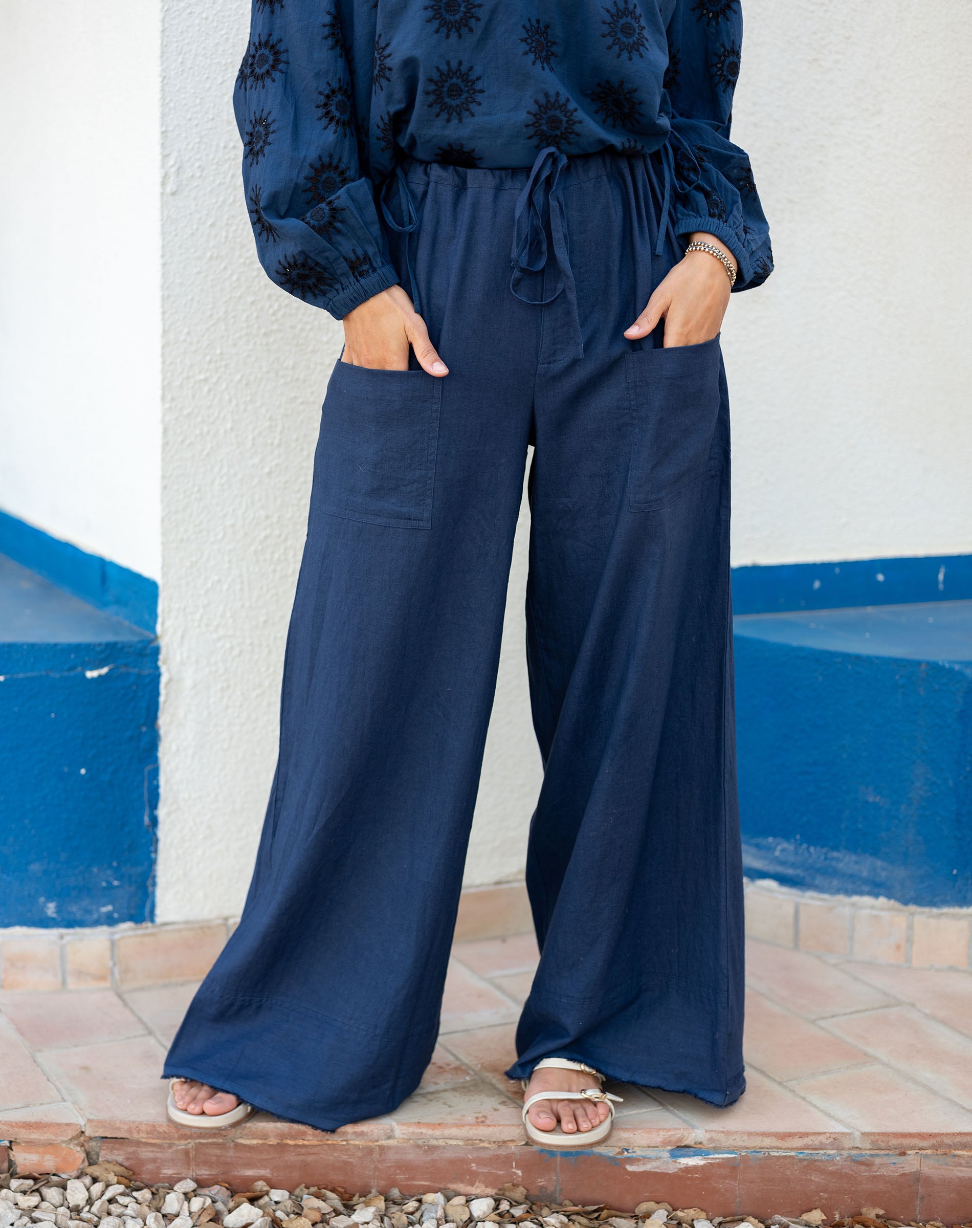 Women's Navy Palazzo Drawstring Pant