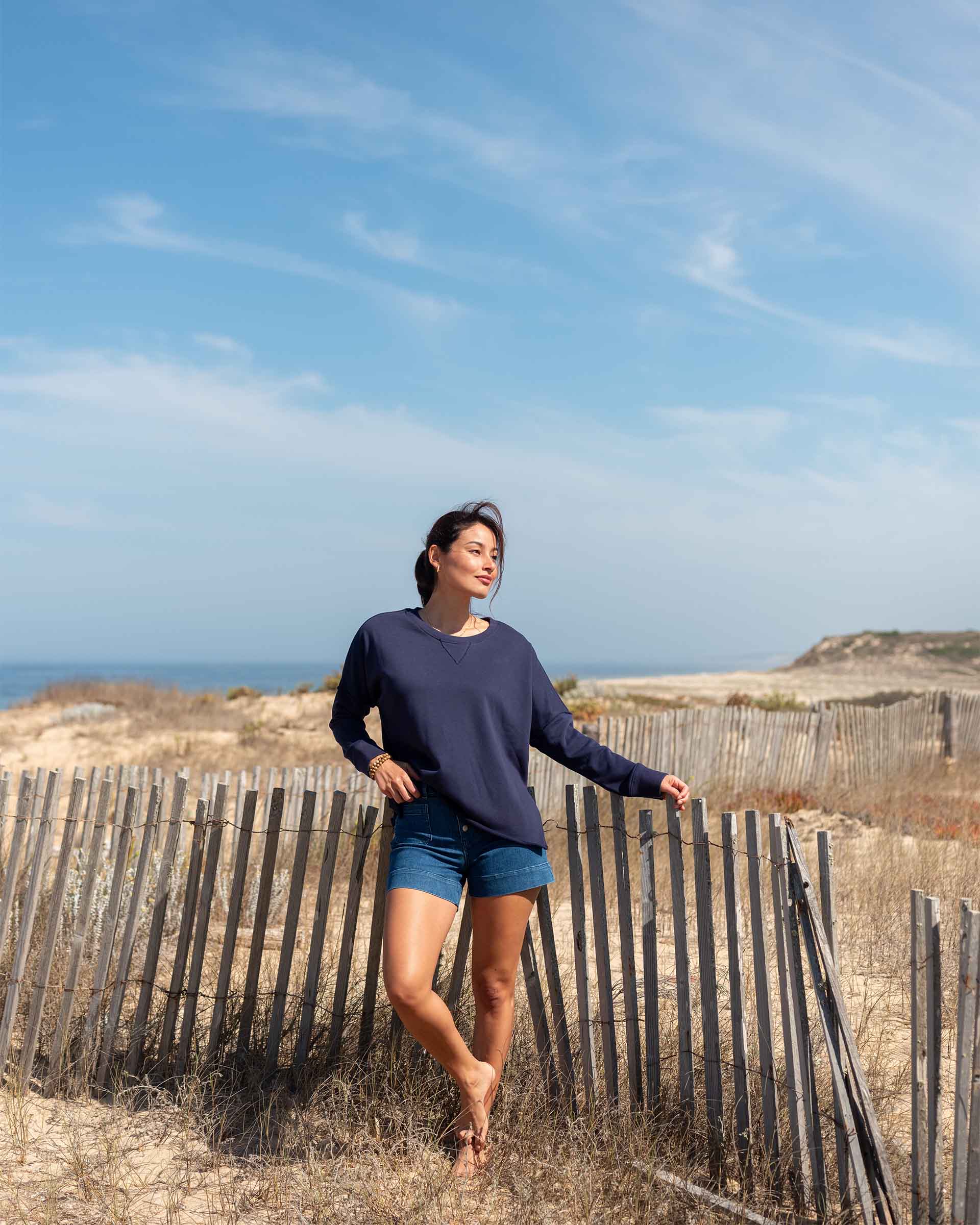 Women's Navy Raw Edge Crewneck Sweatshirt with Split Sides