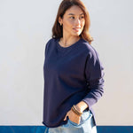 Women's Navy Raw Edge Crewneck Sweatshirt with Split Sides