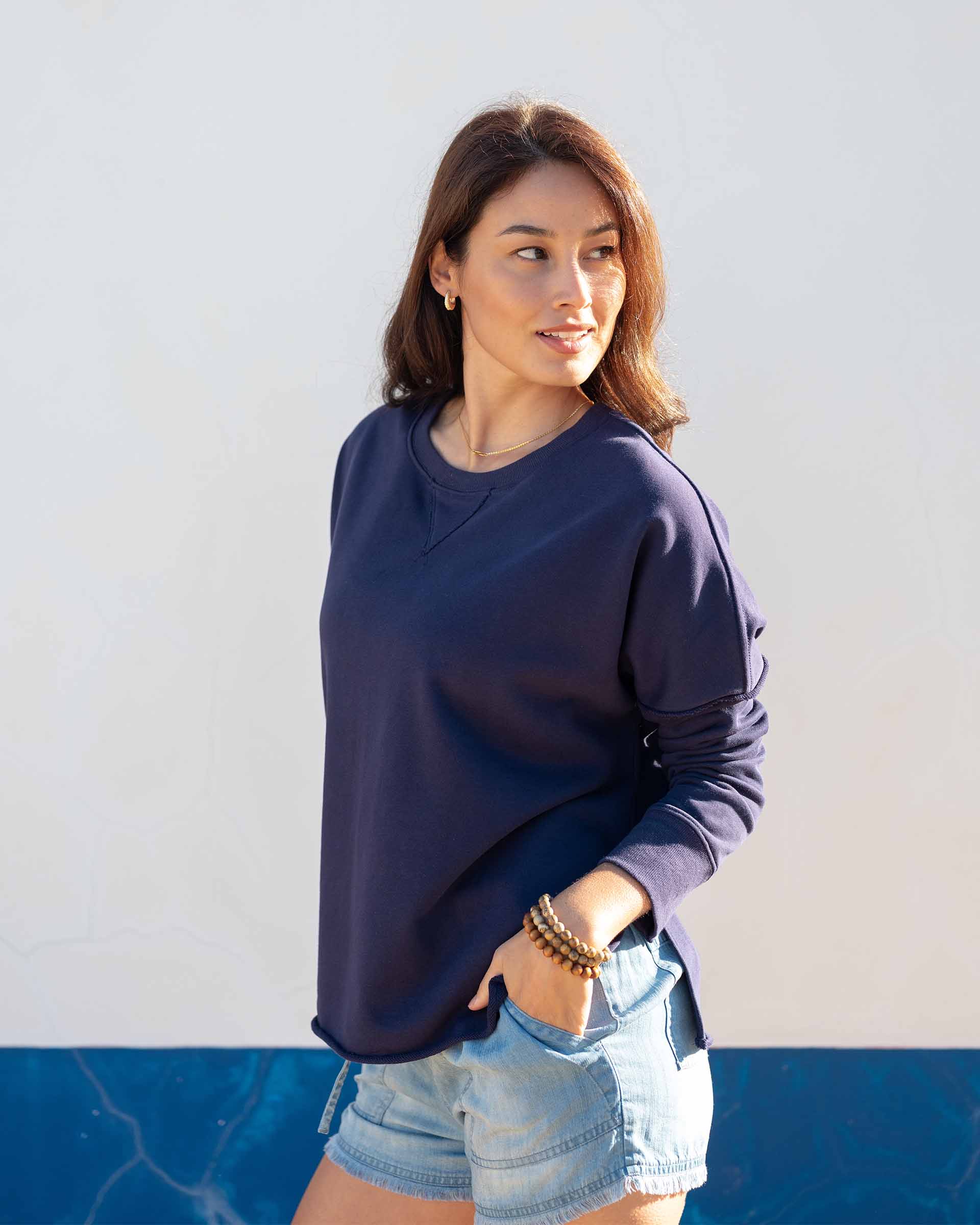 Women's Navy Raw Edge Crewneck Sweatshirt with Split Sides