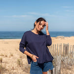 Women's Navy Raw Edge Crewneck Sweatshirt with Split Sides