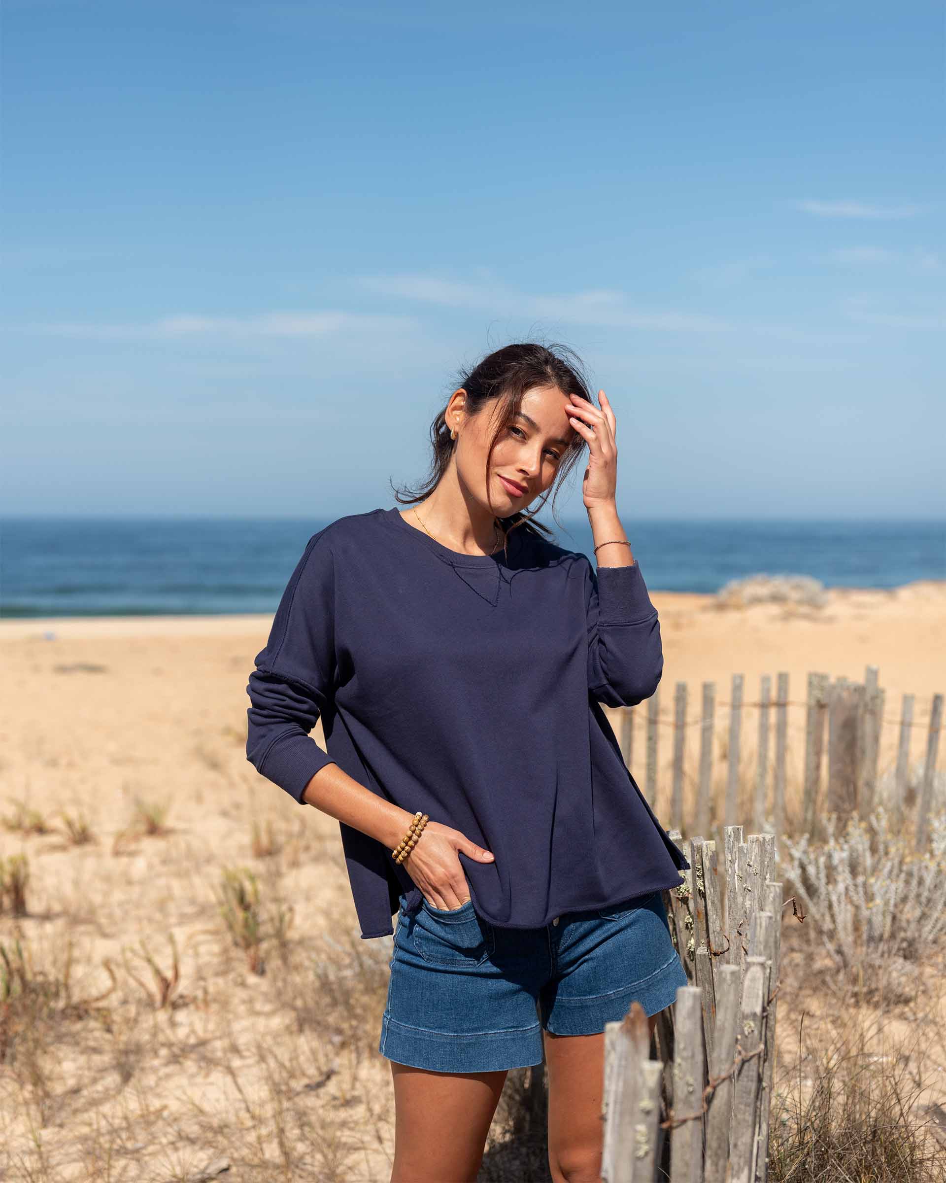 Women's Navy Raw Edge Crewneck Sweatshirt with Split Sides