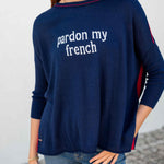 Women's Navy Red Oversized Sweater with Pardon My French Motto