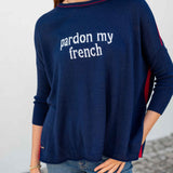 Women's Navy Red Oversized Sweater with Pardon My French Motto