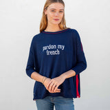 Women's Navy Red Oversized Sweater with Pardon My French Motto