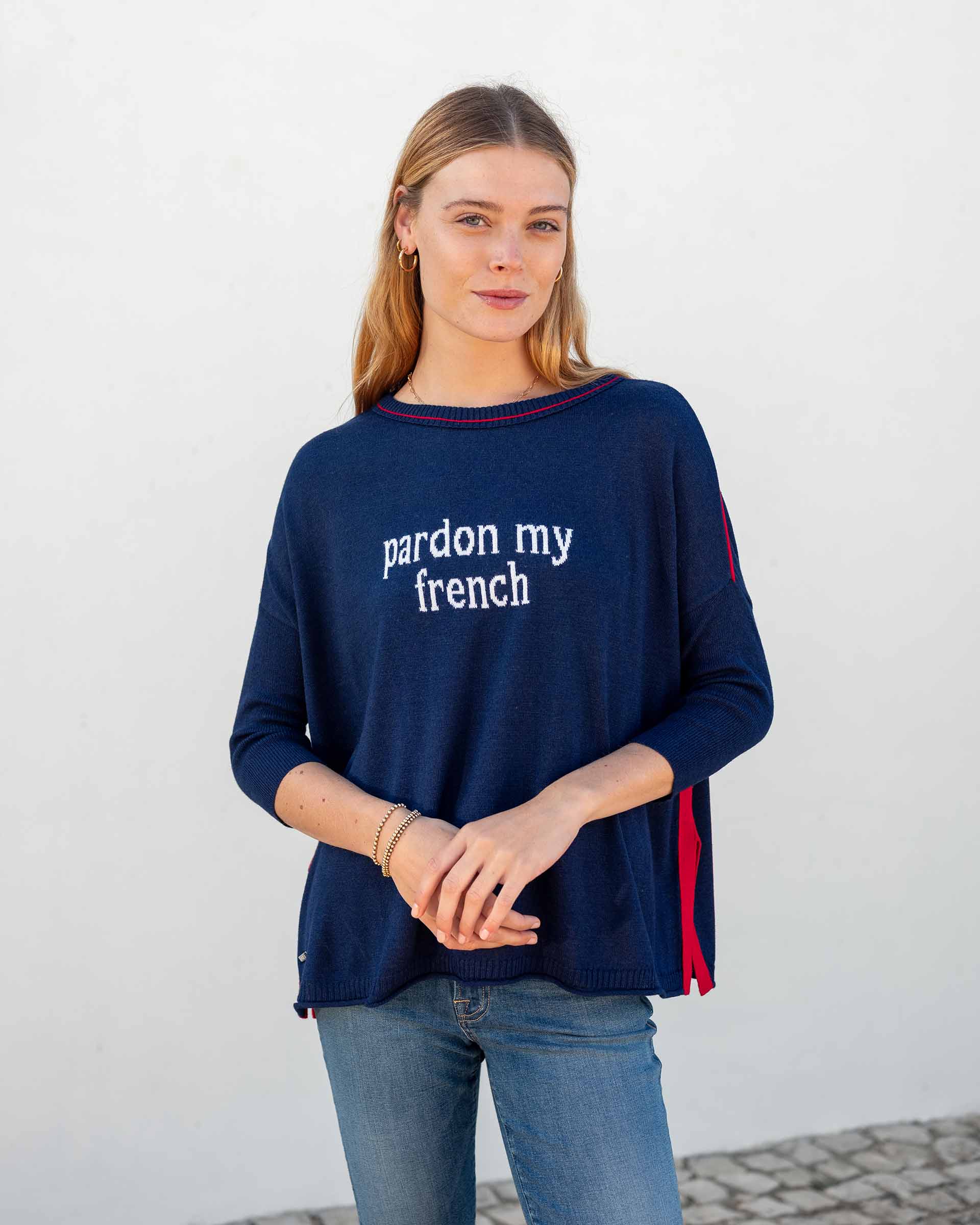 Women's Navy Red Oversized Sweater with Pardon My French Motto