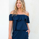 Women's Navy Ruffle Top
