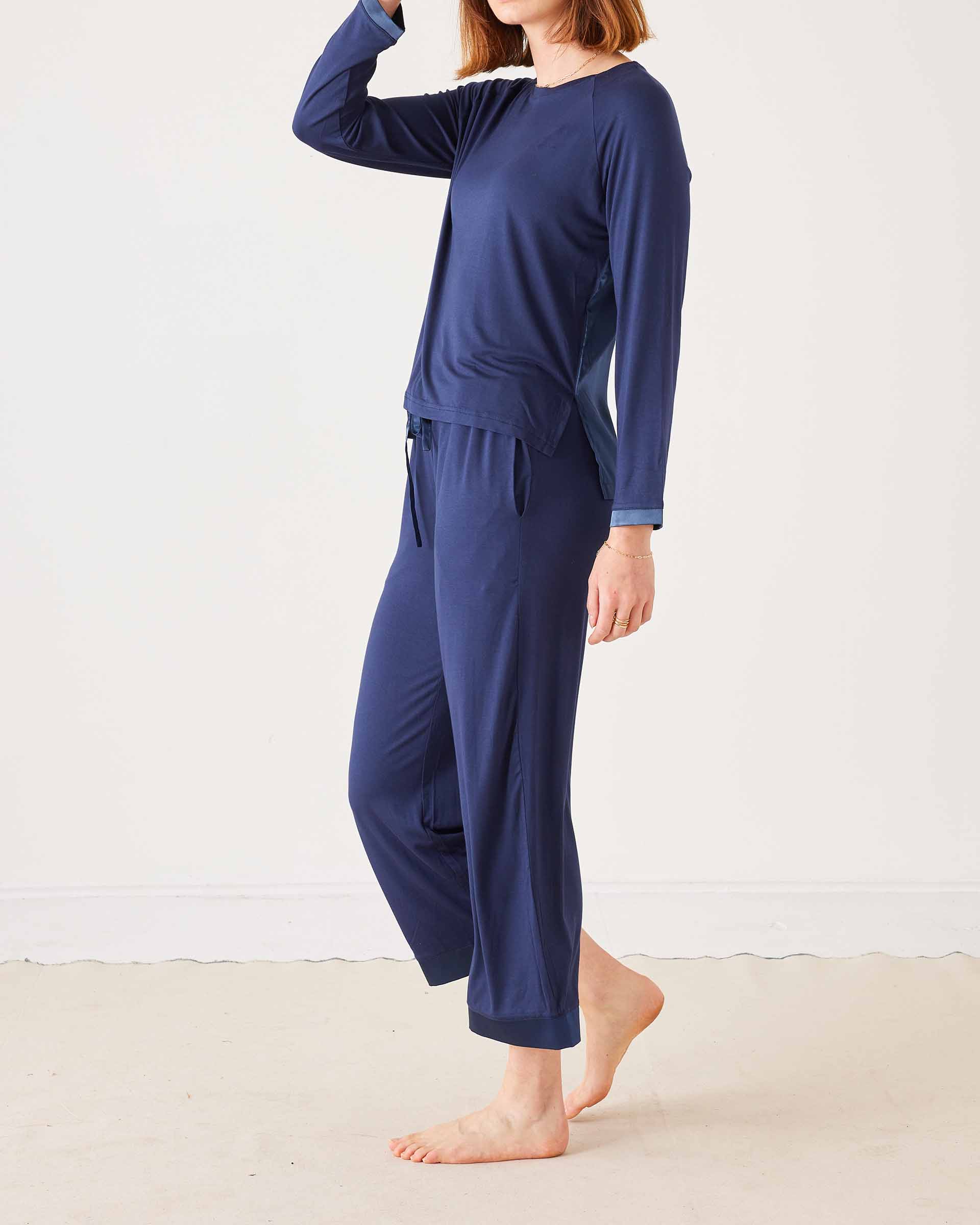 Women's Navy Satin Modal Pajama Pant Set