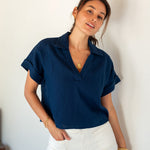 Women's Navy Short Sleeve Linen Top