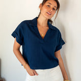 Women's Navy Short Sleeve Linen Top