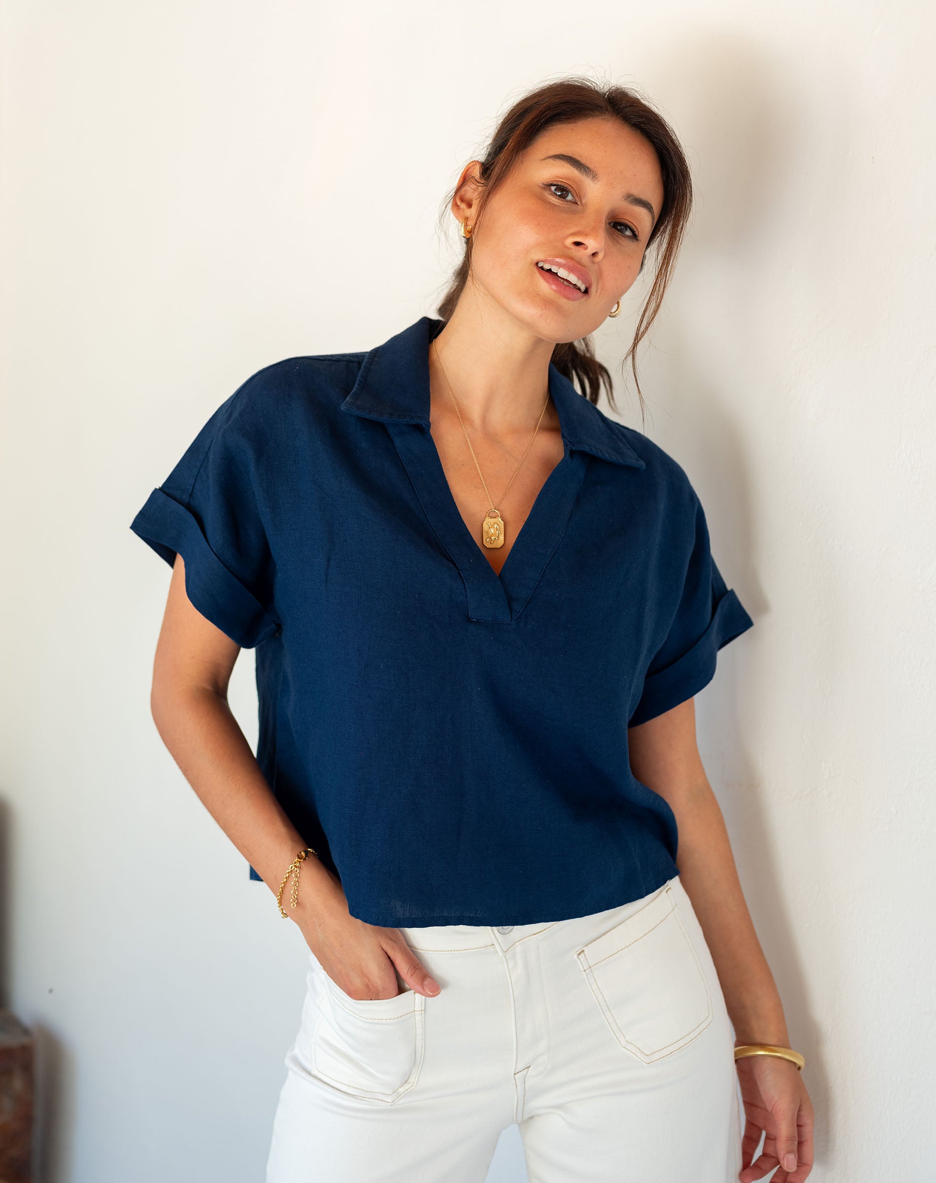 Women's Navy Short Sleeve Linen Top