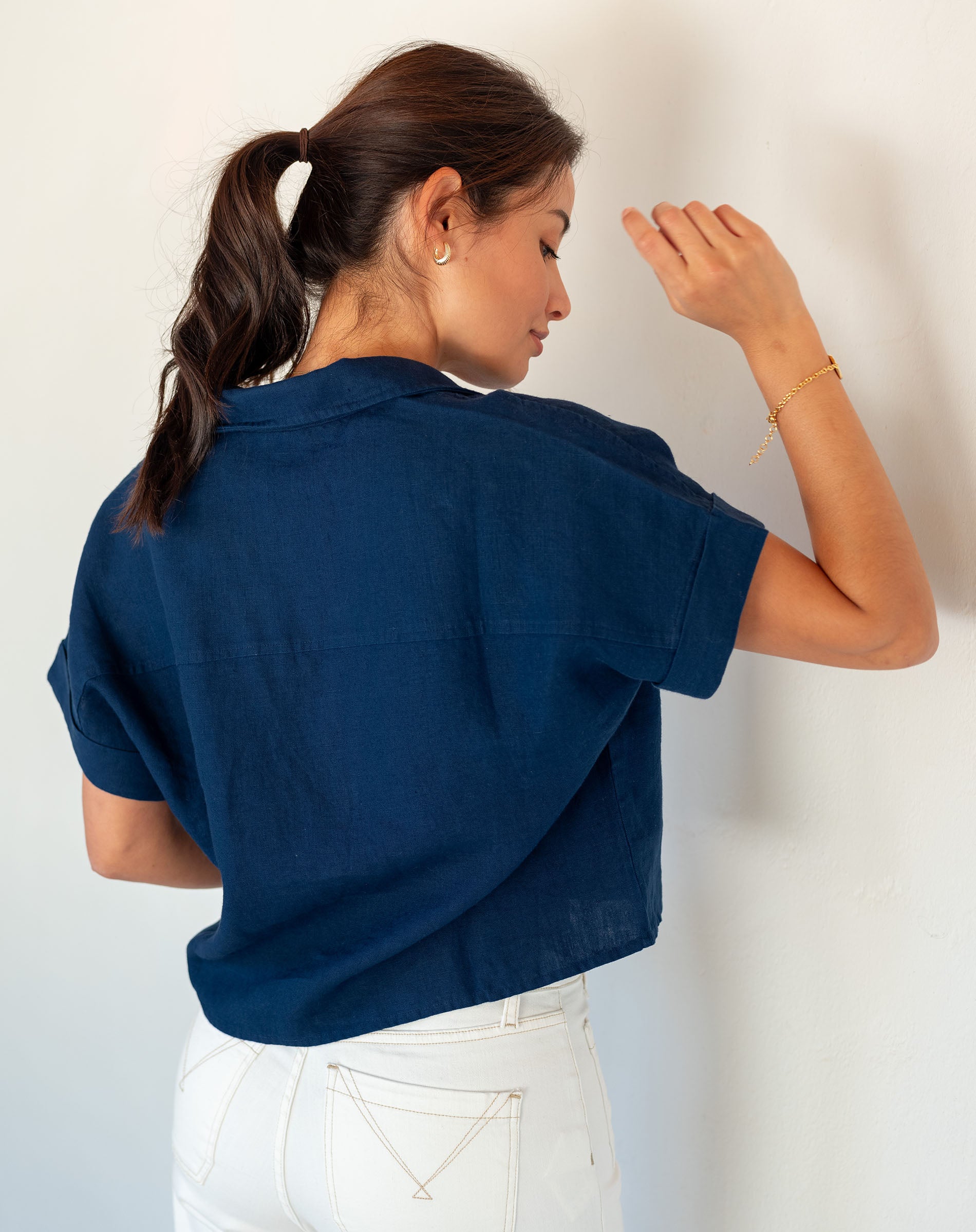 Women's Navy Short Sleeve Linen Top