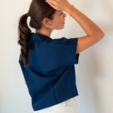 Women's Navy Short Sleeve Linen Top