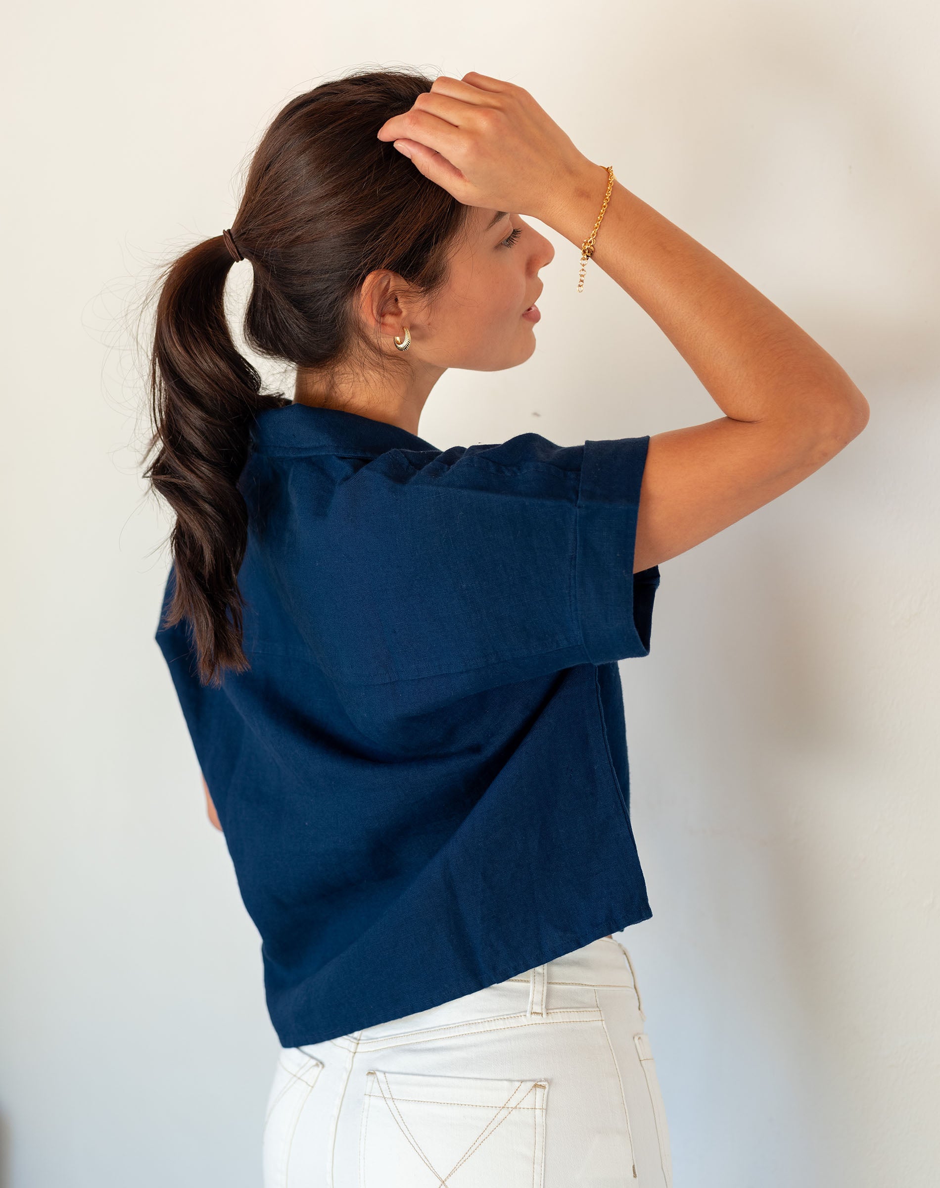 Women's Navy Short Sleeve Linen Top