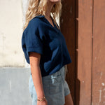 Women's Navy Short Sleeve Linen Top